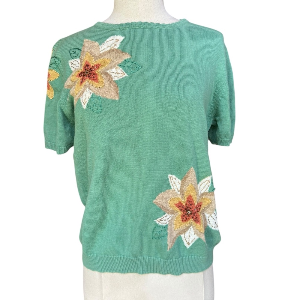 1990s Alfred Dunner Floral Beaded Short Sleeve Sweater